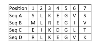 <p><strong>IClicker: </strong>Here is an example alignment of a small run of amino acids:</p><p>Which position represents an amino acid that could be potentially be conservatively subsituted?</p><p>(A) Position 1</p><p>(B) Position 3</p><p>(C) Position 5</p><p>(D) Position 7</p>