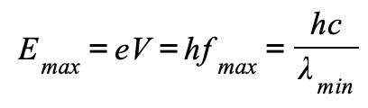 <ul><li><p>The smallest possible wavelength is equivalent to the highest possible frequency and therefore, the highest possible energy</p><ul><li><p>This is assuming all of the electron’s kinetic energy has turned into electromagnetic energy</p></li></ul></li></ul><ul><li><p>Therefore, the maximum X-ray frequency<em> f<sub>max</sub></em>, or the minimum wavelength <em>λ<sub>min</sub></em>, that can be produced is calculated using the equation:</p></li></ul><p></p>