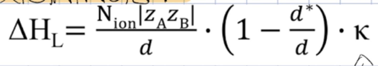 <p>Brukes til å estimere gitterentalpi for ioneforbindelser. </p><p>K = 1.21 * 10^5 kJpm/mol</p><p>d = avstanden mellom ionene, r_ion a + r_ion b (gitteravstanden)</p><p>d* = 34.5 pm </p><p>Nion = antall ioner per formelenhet</p>