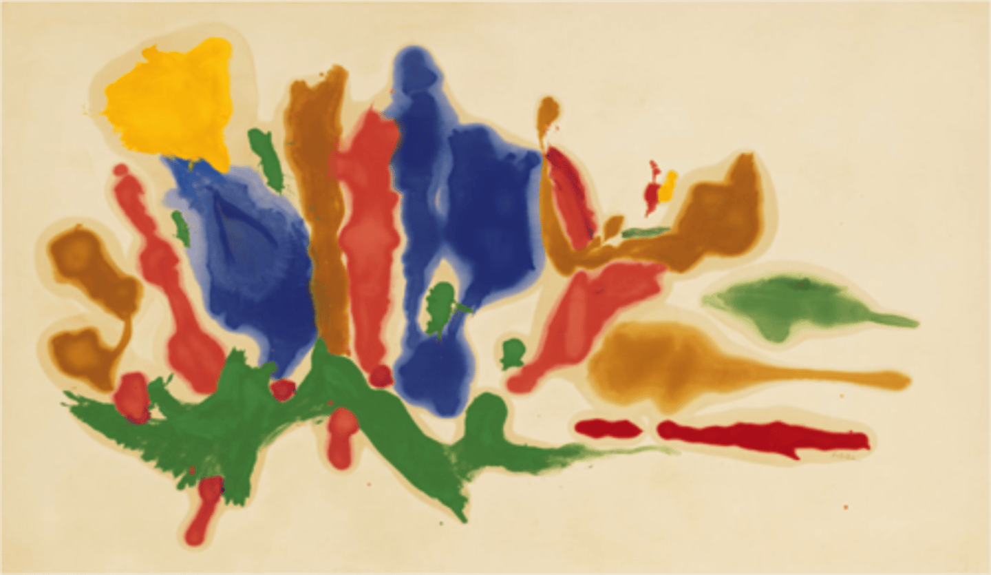 <p>-No illusion of space, no material presence (stain), no brush gesture or identifying mark</p><p>-Tendency to an openness of design</p><p>-Use of stains, creating no material buildup of paint on the canvas surface</p><p>-Clarity and freshness of design (as opposed to brushy with compressed space)</p>