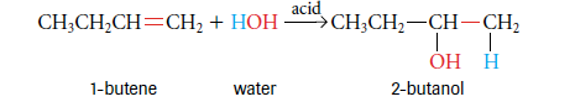 <p>Forms alcohols, follows Markovnikov’s Rule</p><p>Alkene + water —> alcohol</p>