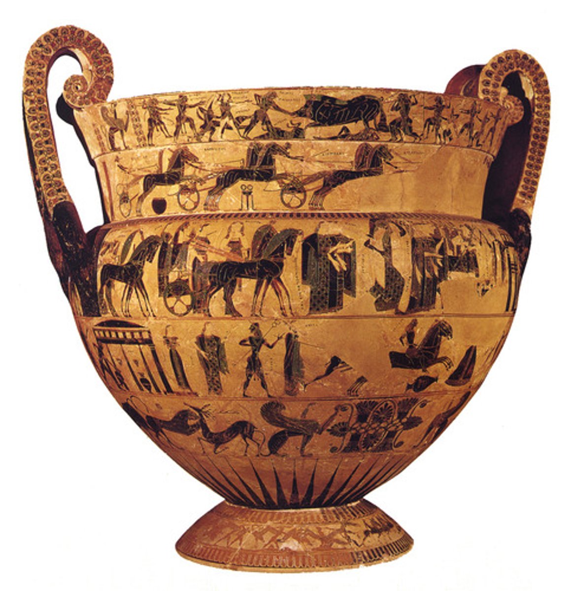 <p>Large, Attic Volute crater decorated in the black figure style</p><p>- one of the earliest pieces to depict multiple scenes</p><p>- 270 figures, 121 with inscriptions</p>