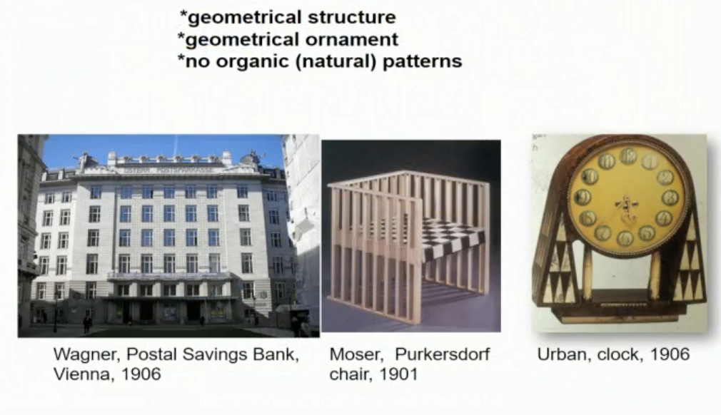 <p>rejection of past styles, gesamtkunstwerk (principle of total work of art), use of applied decoration, symmetrical geometric masses</p><p>Expanded to metal work, leather working, bookbinding, wood working and a painting shop</p><p>rhythms, used workshops</p>