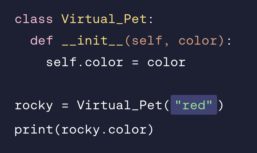 <p>What does the code self.color = color do in this example?</p>