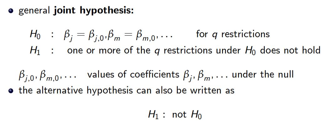 <p>hypothesis: </p><ul><li><p>H0: B1=0, B2=0, …, Bk=0 </p></li><li><p>H1: Bj=/0 for at least one j, j=1,…k</p></li></ul><p>under the null, none of the regressors explain Y </p><p>also called test for significance of regression <br>k restrictions (q=k) </p><p>F~Fk,inf</p><p></p>