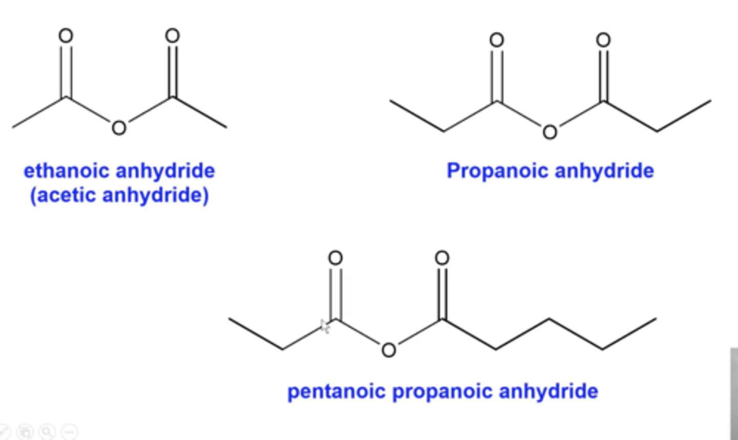 <p>-determine the length of the chain on either side of the bridging oxygen</p><p>-list both lengths alphabetically, replacing their ending "e" with "oic"</p><p>-write "anhydride" at the end of the name</p>