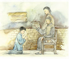 In Confucian thought, one of the virtues to be cultivated, a love and respect for one's parents and ancestors.