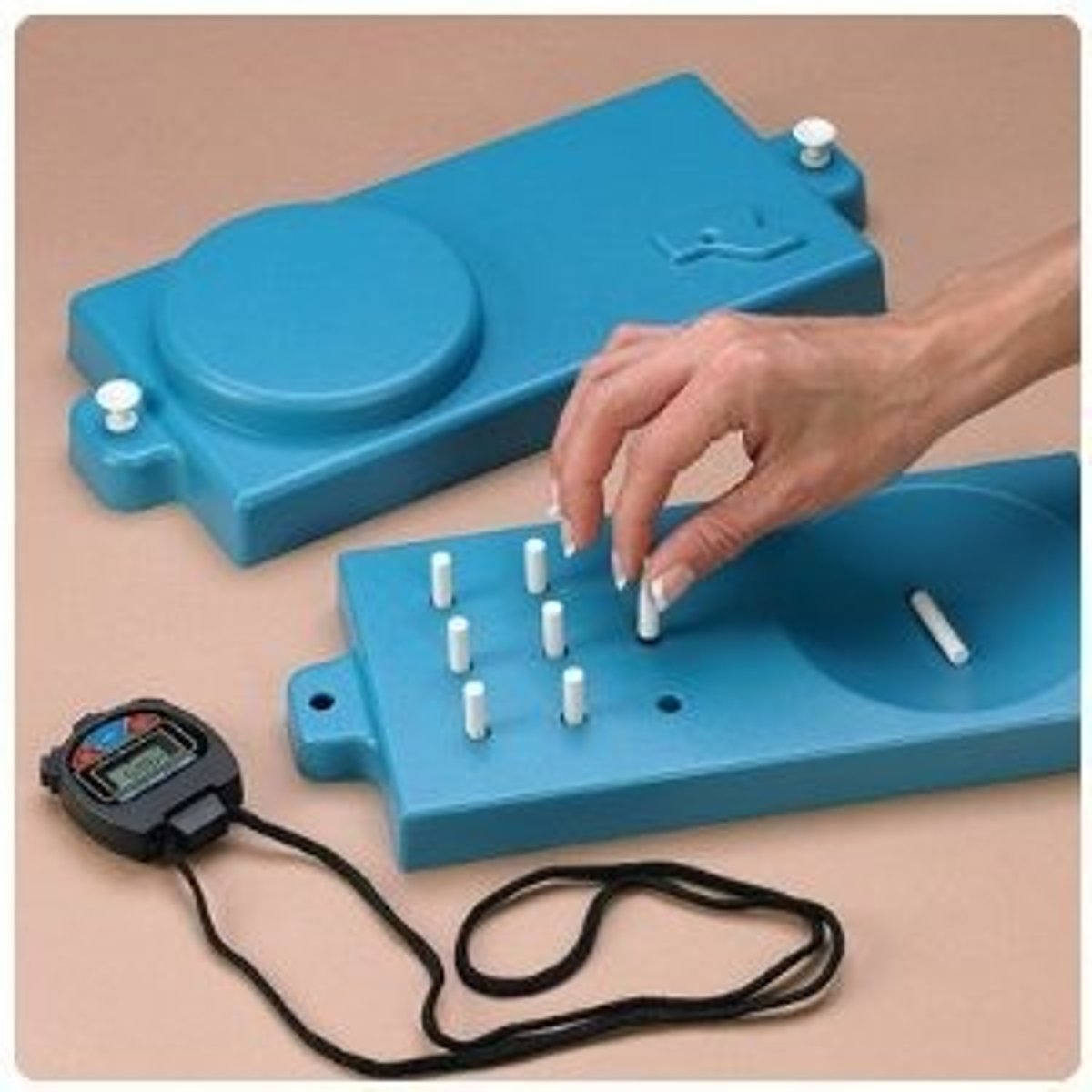 <p>Measures finger dexterity</p><p>-the time fo each hand to place 9 pegs in a square board and remove them is the score</p>