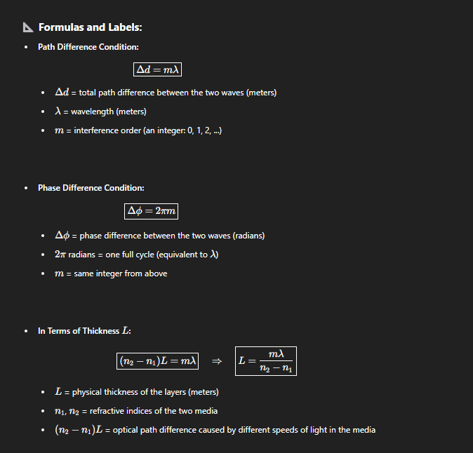 <p>When <strong>two waves meet in phase</strong> (crests with crests, troughs with troughs), their amplitudes <strong>add together</strong>, resulting in a <strong>brighter or stronger wave</strong>.</p>