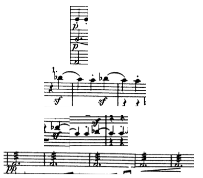 <p>Reduced dynamics. Mainly piano</p><p>In Flute and Oboe’s fragments, forzando bursts on the anacrusis beats</p><p>Pianissimo on timpani roll, crescendos into next section</p>