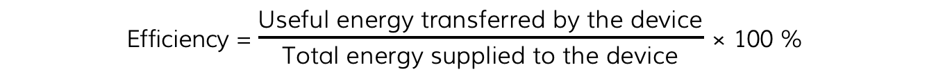**Efficiency = (useful energy transferred by the device ÷ total energy transferred to the device) × 100%**