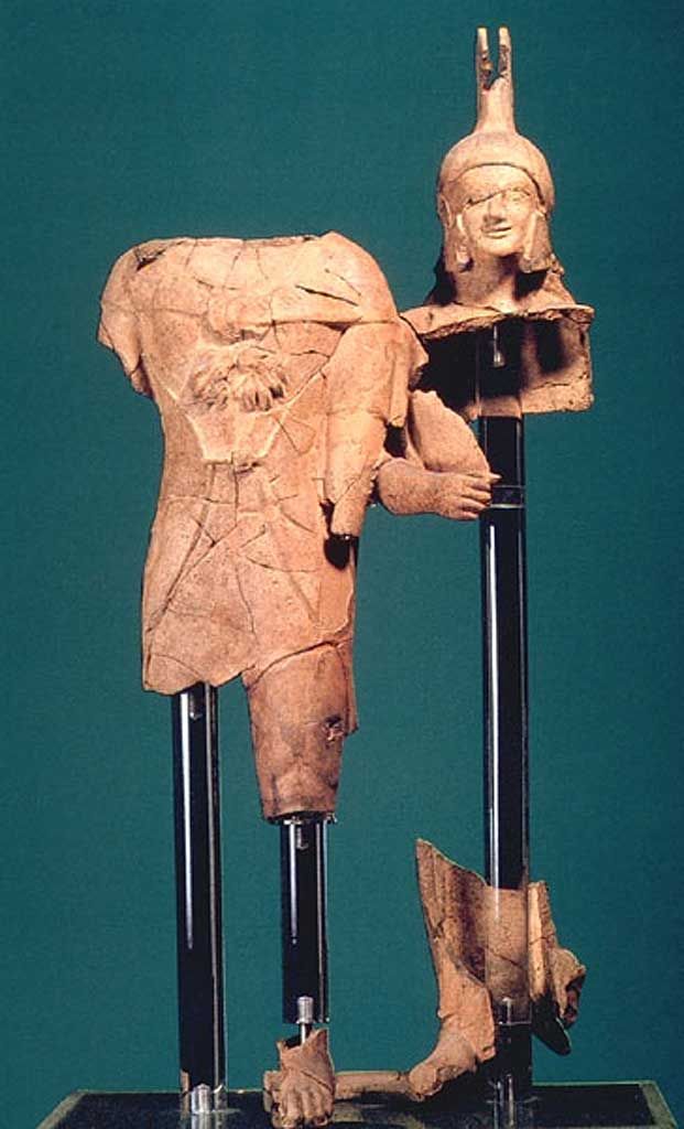 <p>Rome, Sanctuary of Sant’Omobono: Herakles and Athena acroteria, Roman, c. 540-530 BCE</p>