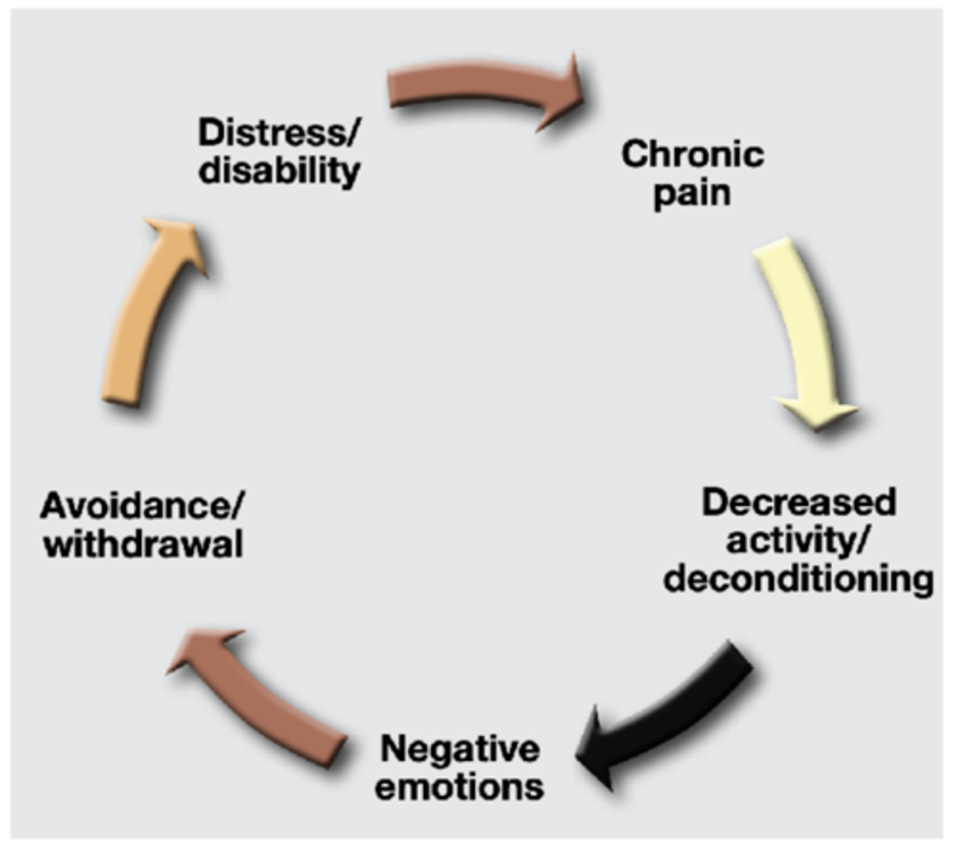<p>Experience of chronic pain</p><p>Decreased activity/deconditioning</p><p>Negative emotions</p><p>Avoidance/withdrawal</p><p>Distress/disability</p><p>Experience of chronic pain</p>