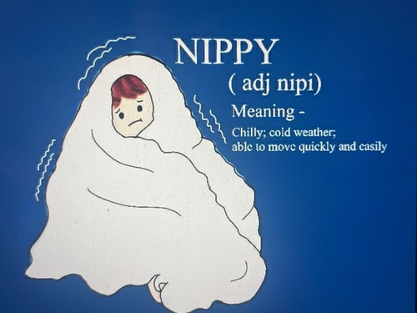 <p>/ˈnɪp.i/ = frosty</p><p>(adj): lạnh tê buốt, Lạnh cóng (thường nói thông tục)</p><p>Ex: It's getting a bit nippy in the evening.</p>