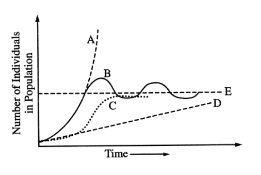 <p>Directions: Select the choice that best fits each statement. The following question(s) refer to the figure below. A, B, C, and D represent population growth curves, E represents the carrying capacity. Represents<span style="font-family: Roboto, LearnosityMath, Helvetica Neue, Helvetica, Arial, sans-serif"> the growth of a population predicted by the logistic model…?</span></p>