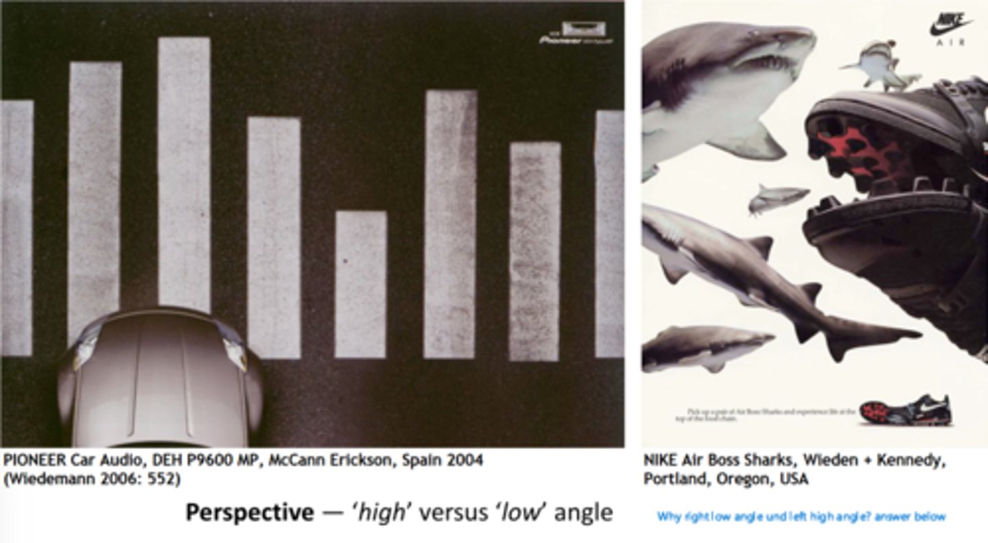 <p>How are viewing it and from which perspective?</p><p>Frontal (involvement/sympathy), high (power/dominance) and low (fear/intimidation)</p>