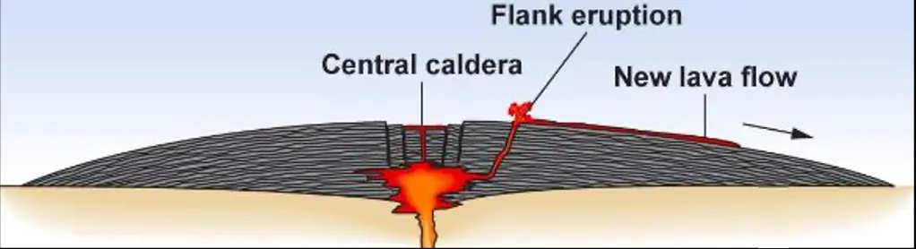 broad, slightly dome-shaped (like an inverted shield)

Constructed by lateral flow of low-viscosity basaltic lava.

Examples: Mauna Loa, Olympus Mons