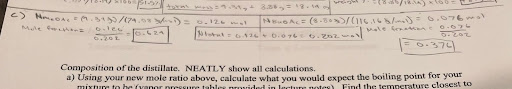 <p><span>Formula → N = mole fraction / total moles</span></p><ol><li><p><span>Start by finding mass by volume x density</span></p></li><li><p><span>Divide mass by molar mass of component</span></p></li><li><p><span>Find N total by adding both components mole fraction together</span></p></li><li><p><span>use formula!</span></p></li></ol>