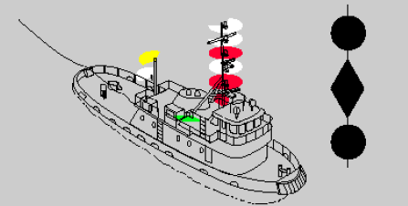 <p>Towing lights for that ship (length, tow length, breadth and such) </p><p><span style="color: #f31010"><strong>RED</strong></span></p><p><strong>WHITE</strong></p><p><span style="color: #ec0c0c"><strong>RED</strong></span></p><p></p><p><strong>BALL DIAMOND BALL</strong></p><p></p><p>Picture description: Vessel engaged in towing operation which severely restricts towing vessel and her tow in their ability to deviate from their course—length of tow does not exceed 200 meters; towing vessel less than 50 meters in length. Same for International.</p>