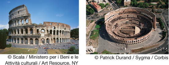 <p>The images show two views of the Colosseum (Flavian Amphitheater).<br>The facade decorations of the Colosseum were notable in that<br>A. statues of famous athletes were originally displayed in the niches to attract crowds<br>B. spolia was included to celebrate the victories of the Roman army<br>C. different architectural orders of columns were used to distinguish each level<br>D. fences were incorporated as an early form of crowd control</p>