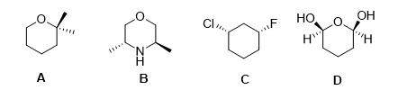 <p>How many total molecule below are chiral?</p><p>A) 1</p><p>B) 2</p><p>C) 3</p><p>D) 4</p><p>E) 0</p>