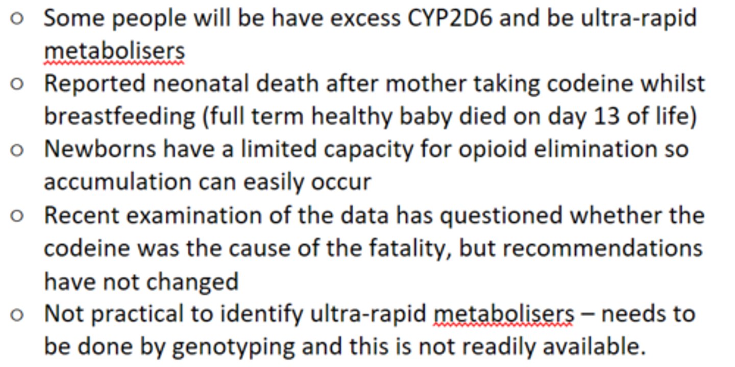 <p>DON'T use codeine in breastfeeding!!</p><p>-&gt; metabolised to morphine bia CYP2D6.</p>