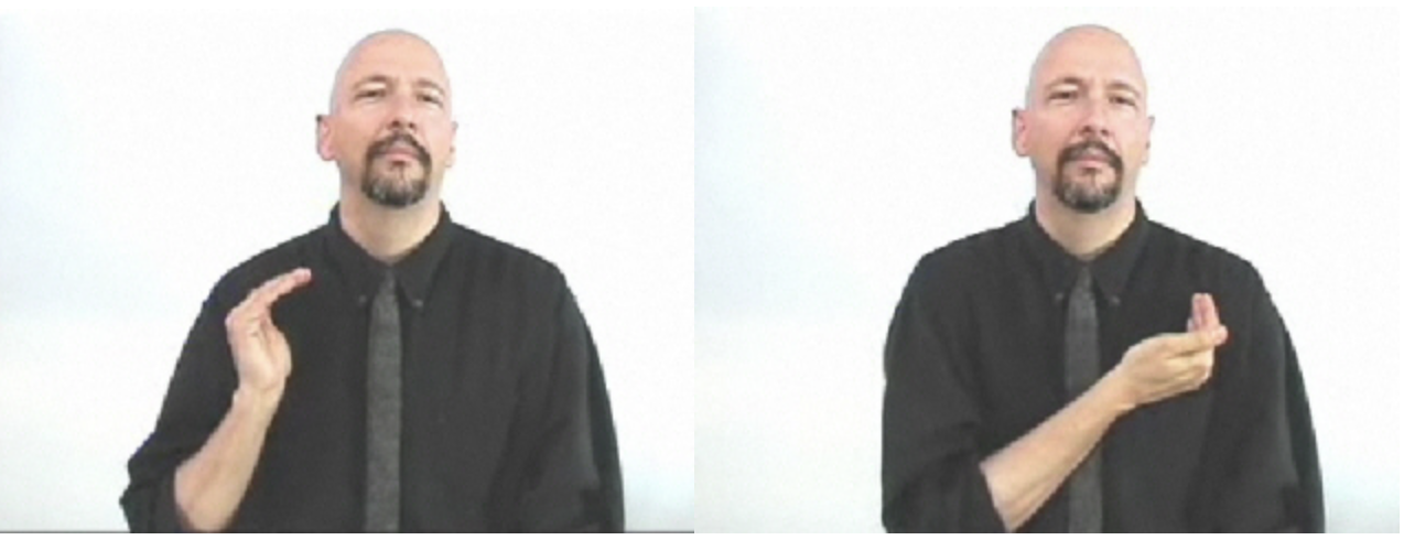 <p>Start with a curved hand at your left chest and “arc” it outwards until it meets your right chest</p>