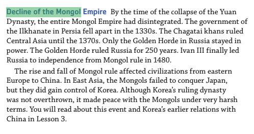 <p><mark data-color="rgba(0, 0, 0, 0)" style="background-color: rgba(0, 0, 0, 0); color: inherit;">caused by internal divisions after its fragmentation, succession crises, military failures against new resistance, and devastating epidemics like the Black Death which crippled its population and economy</mark><span><span>. The individual khanates, such as the Yuan Dynasty, Ilkhanate, and Golden Horde, also faced issues with local elites reasserting power, administrative overreach, and eventual assimilation into their local cultures.&nbsp;</span></span></p>