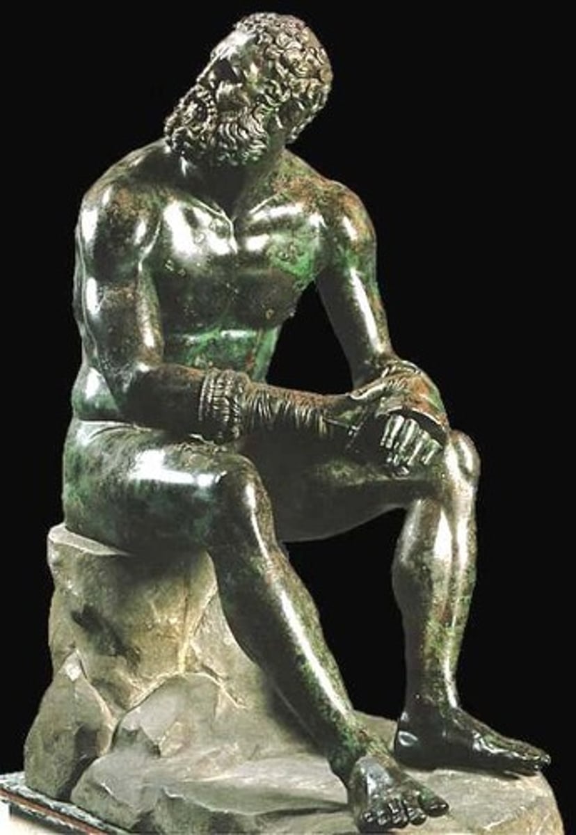 <p>- Sculpture in the round</p><p>- Very powerful muscular body; professional athlete</p><p>- older mature man</p><p>- slouched over w/ unhappy facial expression</p><p>- scars &amp; bleeding &amp; cauliflower ears; just got out of the ring w/ fresh wounds -> shows years of dedication to boxing but he looks defeated</p><p>- Emphasis on individual experience as a boxer, not idealized like Diskobolos</p>