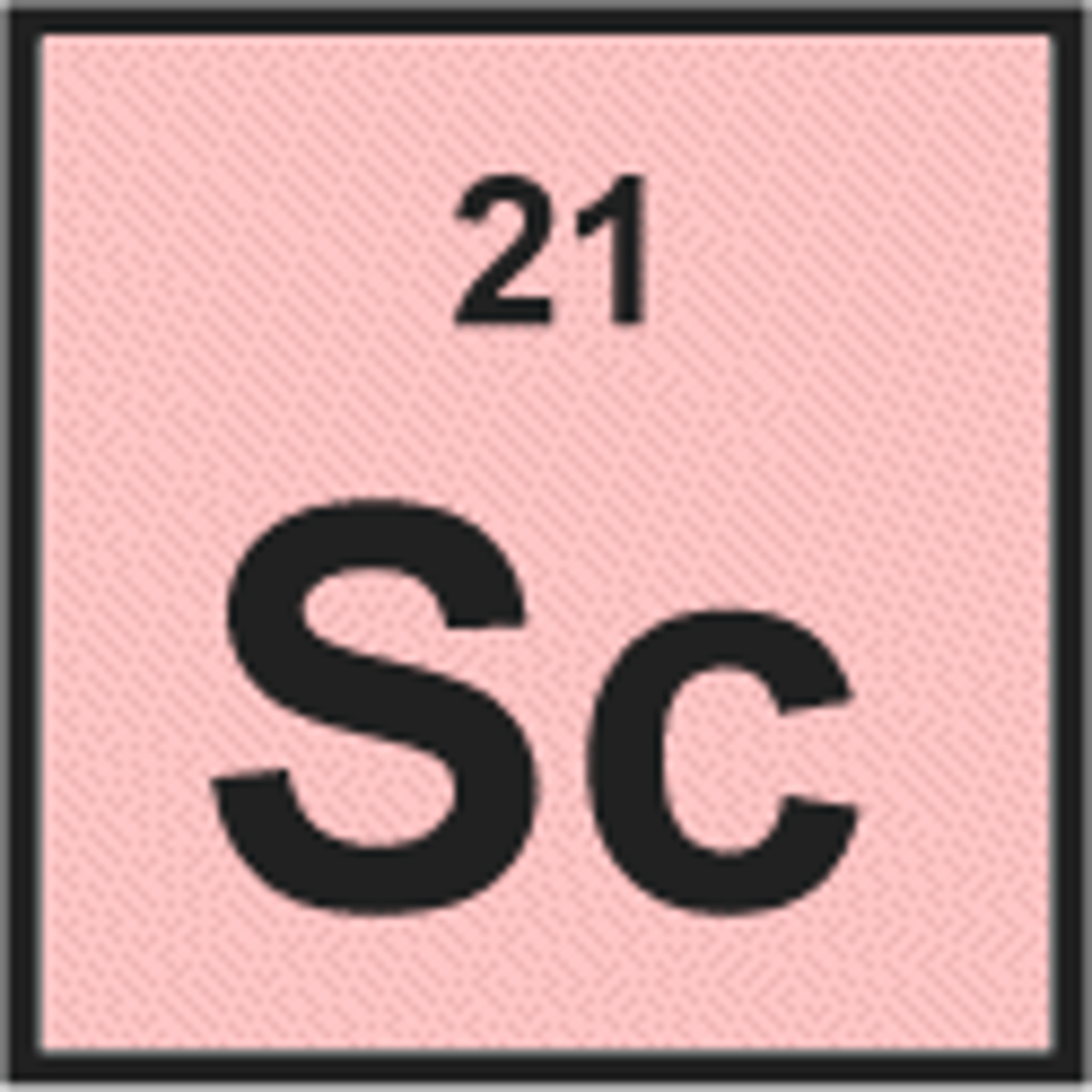 <p>Symbol: Sc<br>Atomic Mass: 44.96<br>Atomic Number: 21</p>