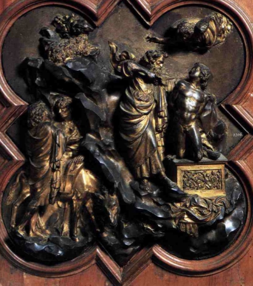 <p>The sacrifice of Isaac: Florence Baptistery doors competiton 2, gilded bronze, Ghiberti, 1401-1402, Museo Nazionale del Bargello, Florence, Italy</p>