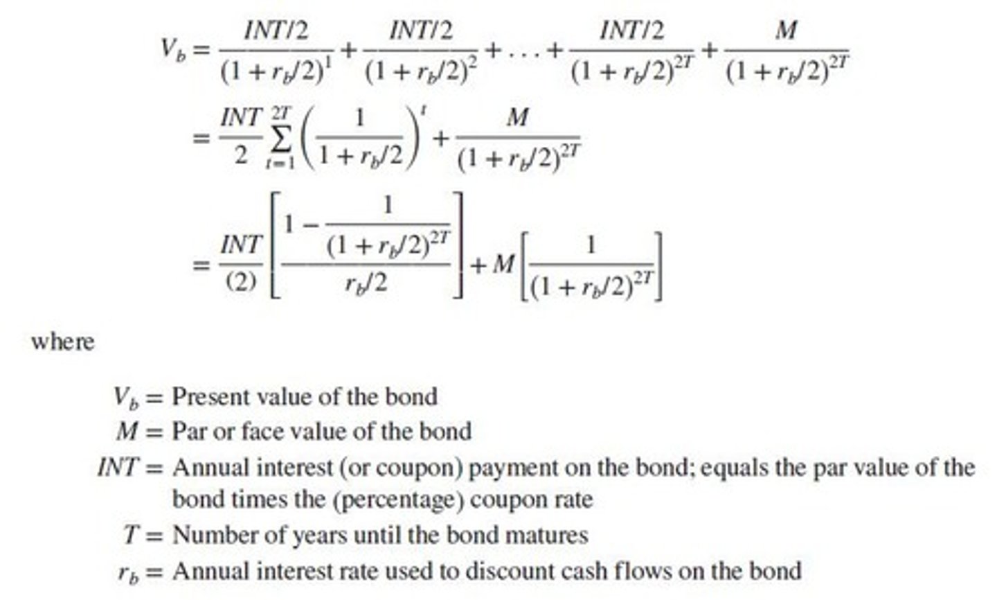 <p>PV = PMT/(1+r)^n + FV/(1+r)^n, where PMT is the coupon payment, FV is the face value, and r is the required rate of return.</p>