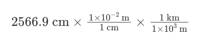 <p>Perform this conversion in two steps, by first converting to the base unit. Each conversion factor should be made from the equivalence between the two units involved. One centimeter (cm) equals &nbsp;meters and one kilometer (km) equals &nbsp;meters.&nbsp;</p><p class="">Each conversion factor should be set up so that the units of the starting measurement are on the bottom to cancel and give the new units on top. Then, perform the calculation by multiplying the starting value by the numbers on top of the conversion factor and dividing by the numbers on the bottom.</p><p class=""></p><p class="">Note that the definitions of units are considered infinitely significant and do not affect significant figures.</p>