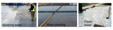 <p>the maintenance of optimal conditions of temperature (greater than 10 degrees celsius) and humidity to promote the hydration of cement</p><ul><li><p>It plays an important role on strength development and durability of concrete</p></li></ul><ul><li><p><strong>Methods</strong> : water curing (sprinkling/ponding), membrane curing compounds, plastic sheeting and steam curing (precast)</p></li><li><p>Proper curing reduces permeability, cracking and enhances long-term strength</p></li></ul><p></p>