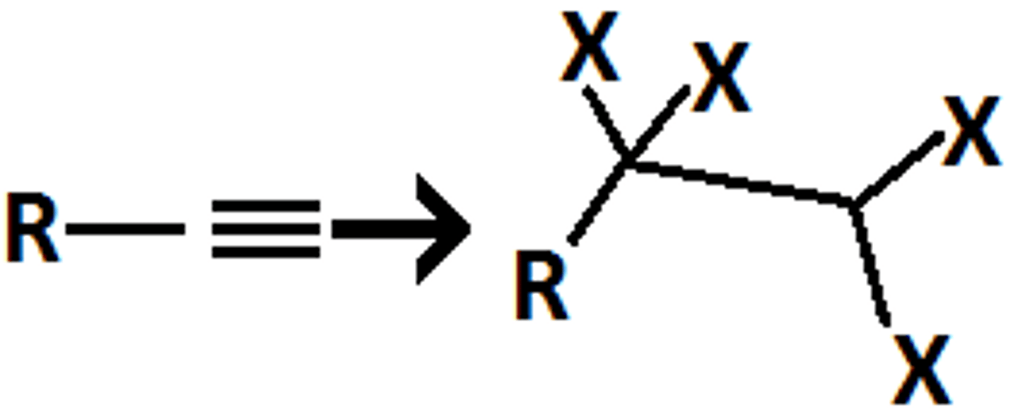 <p>halogenation</p><p>terminal alkyne to tetrahalide</p>