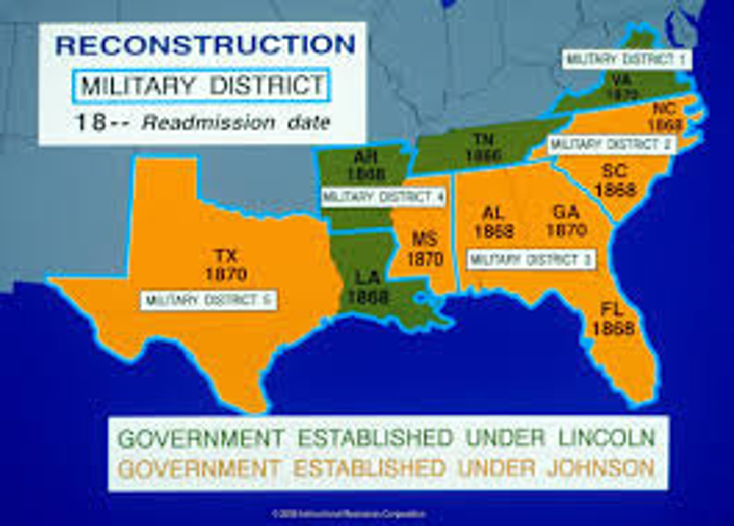 <p>In 1867, Congress passed three acts which placed the South under military occupation. They created five military districts in the former Confederate states, each under control of the Union army. To rejoin the Union, ex-Confederate states were required to ratify the 14th amendment and place guarantees in their state constitution that all adult males of all races would be guaranteed the right to vote. (p. 296)</p>