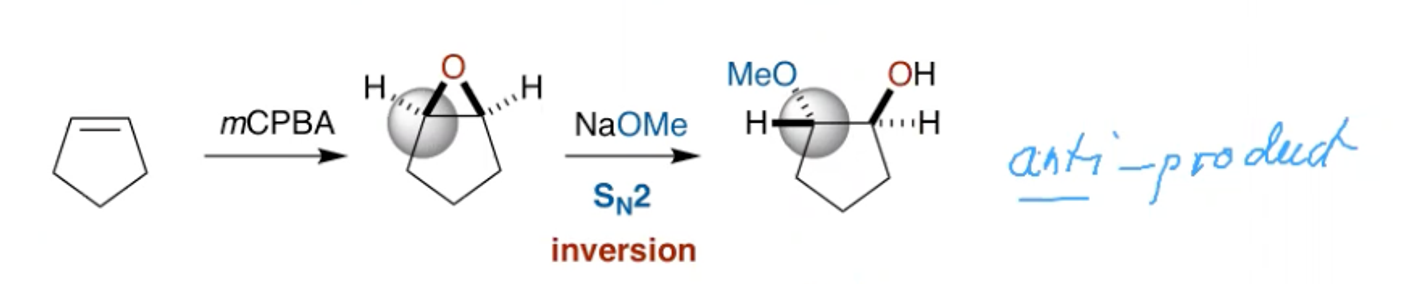 <p>The opening of epoxides and bromonium ions proceeds via SN2, resulting in inversion.</p>