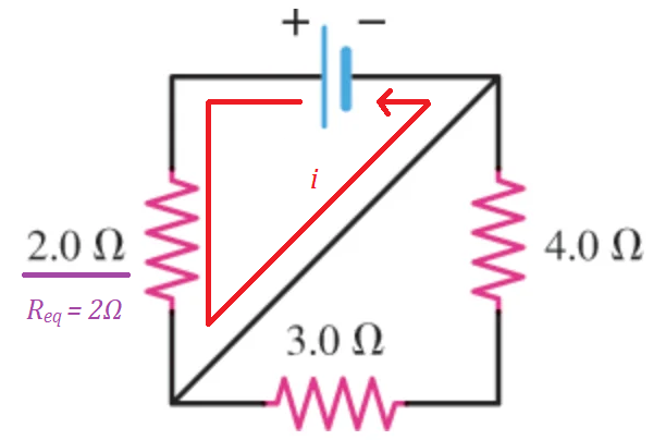 <p>Como um fio sem resistência passa no meio do circuito, ele cria um <strong>curto-circuito</strong> fazendo com que toda a corrente ignore os outros caminhos, então a R<sub>eq</sub> é igual somente ao primeiro resistor.</p>