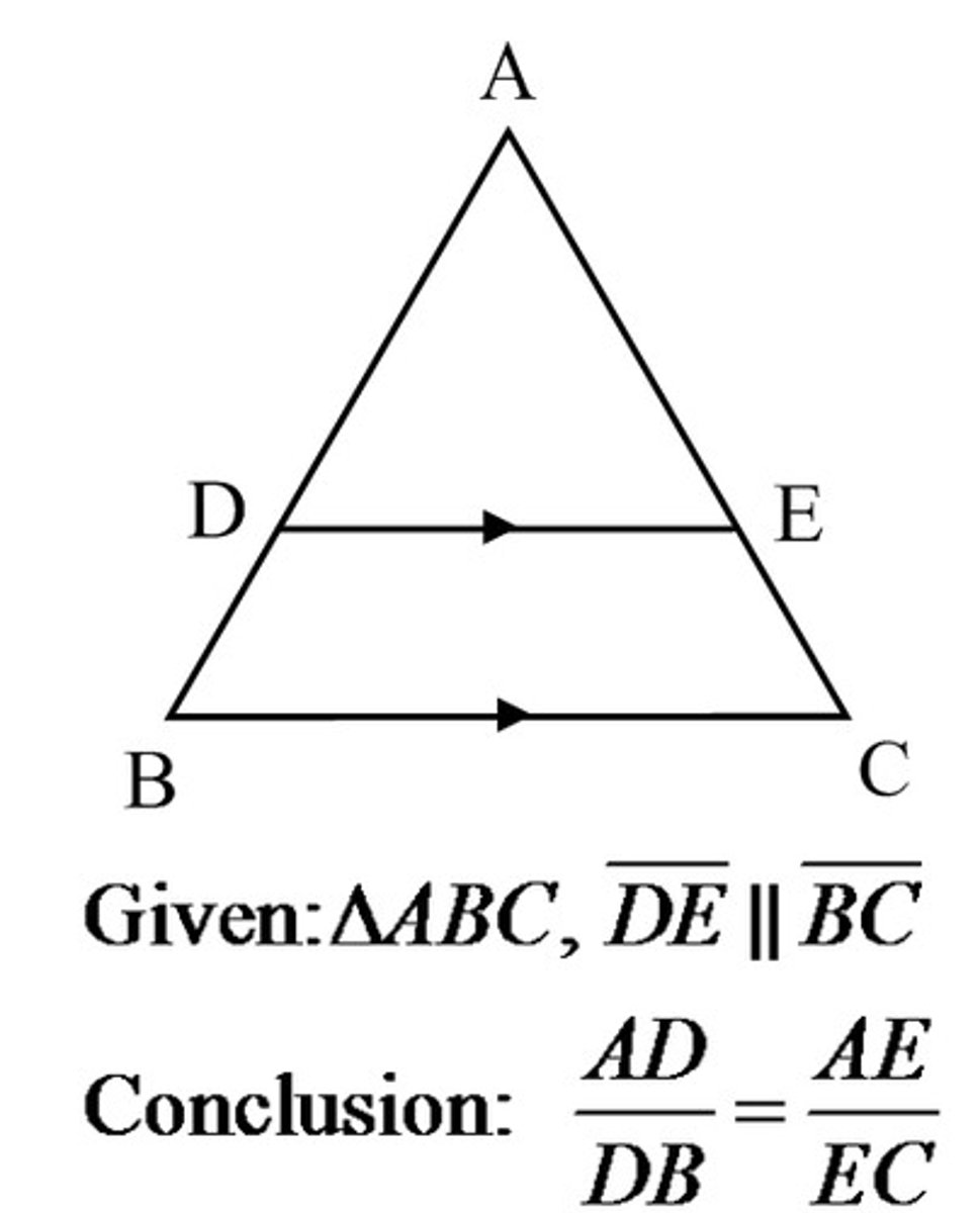<p>If a line parallel to one side of a triangle intersects the other two sides, then it divides the two sides proportionally</p><p>-Set up the proportion. a/b=c/d Then solve the proportion using the cross product method.</p>
