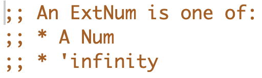 <ul><li><p>A type is a group of values</p></li><li><p>Create new types if Racket doesn’t have the one you need</p></li><li><p>Name the new type and use it like any standard type</p></li></ul><ul><li><p>A data definition introduces a new type, here called <code>ExtNum</code></p></li><li><p><code>ExtNum</code> can be either a <code>Num</code> or a <code>Sym</code></p></li><li><p>This type is like a <strong><em>union</em></strong> of <code>Num</code> and <code>Sym</code> (i.e., it can be one or the other)</p></li><li><p>We use a bulleted list to show its possible values</p></li></ul><p></p>