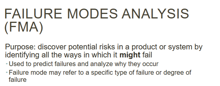 <p>discover potential risks in a product or system by identifying all the ways in which it <strong><u>might </u></strong>fail</p>