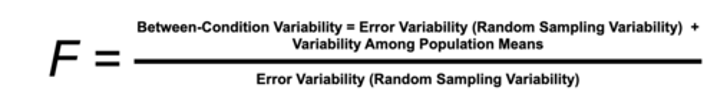 <p>f = between group variability + error variability + variability among population means / error variability</p>