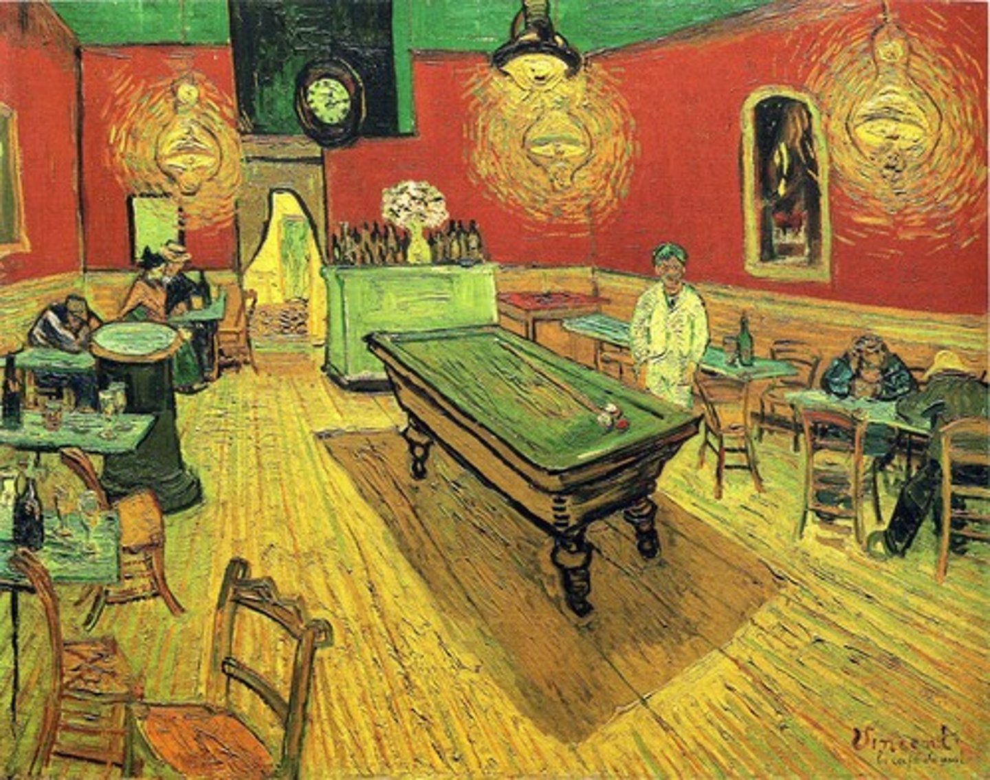 <p>Vincent Van Gogh</p><p>1888</p><p>Post Impressionism</p><p>Artist: Painting in which he wrote to his brother Theo about. "I have tried to express the terrible passions of humanity by means of red and green."</p><p>Commissioner:</p><p>Original Location:</p><p>Characteristics: Colors are not the actual colors. Intense greens and intense reds. Uses paint strokes to create rhythm in his paintings.</p><p>Function: Makes it uncomfortable to look at by shifting perspectives and intense colors.</p><p>Subject: Cafe at night when everybody has been drinking.</p>