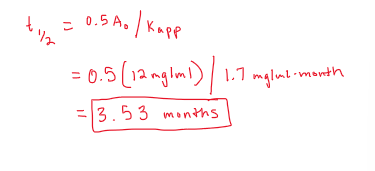 <ul><li><p>suspension and apparant rate constant indicate rxn is pseudo order</p><ul><li><p>we will use ZERO ORDER half life equation</p></li></ul></li><li><p>plug in numbers and solve</p></li></ul>