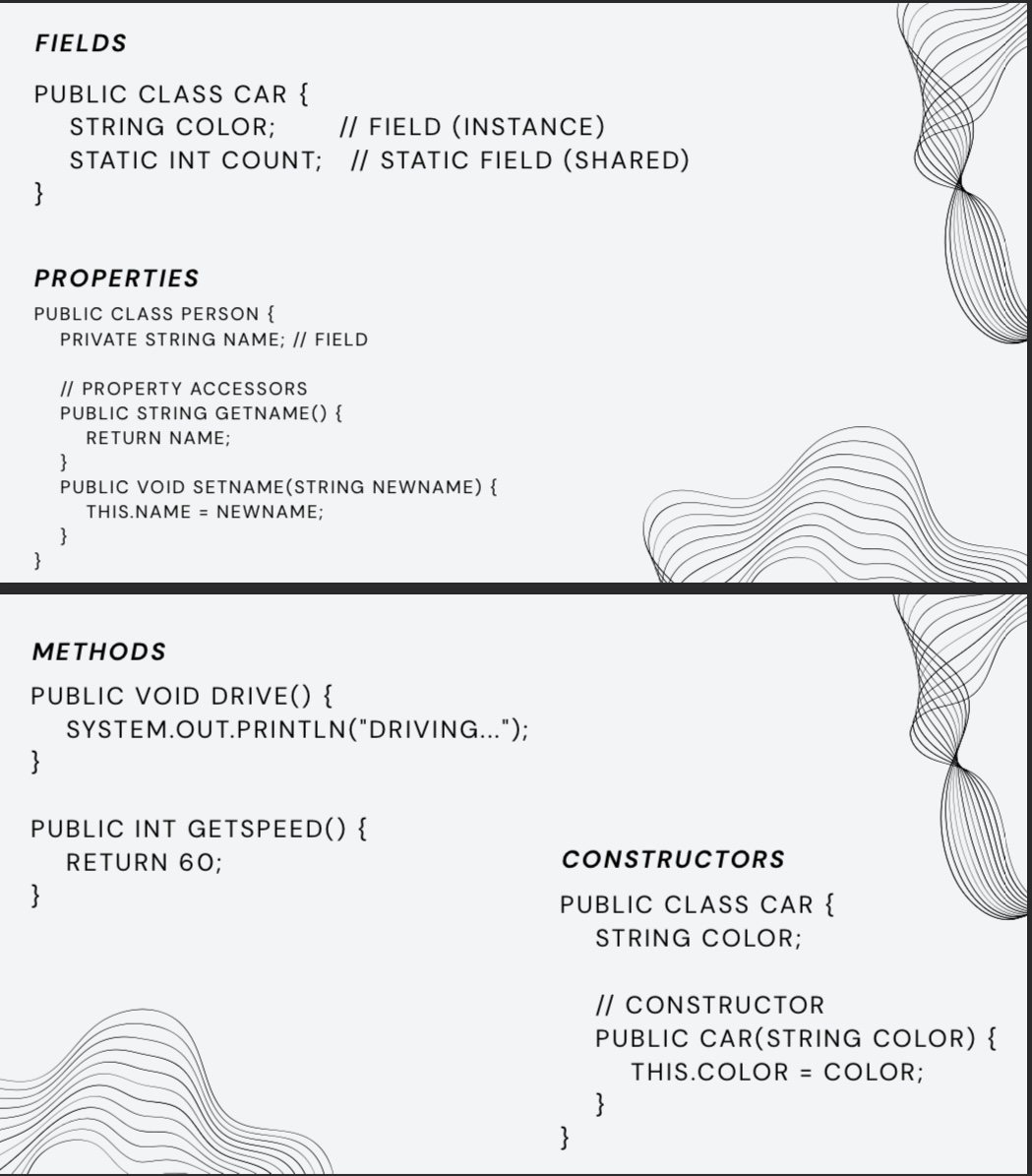 <ol><li><p>Fields</p></li><li><p>Properties</p></li><li><p>Methods</p></li><li><p>Constructors</p></li></ol>