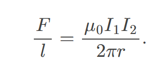 <p>equal to (\frac{{\mu<em>0 I</em>1 I_2}}{{2\pi r}}) in a vacuum. </p>