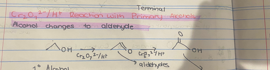<p>2 STEP REACTION</p><ol><li><p>Alcohol changes to aldehyde</p></li><li><p>Aldehyde changes to carboxylic acid </p></li></ol><p></p>