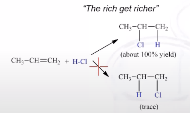 <p>2 Produces are theoretically possible (Markovnikov’s Rule= The rich get richer) </p>