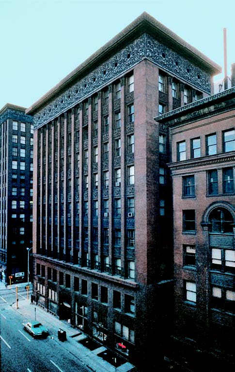 <ul><li><p>Louis Sullivan</p></li><li><p>Steel frame method of construction</p></li><li><p>St. Louis, Missouri</p></li><li><p>Walls no longer support the building –</p><p>suspended from the frame – called ‘curtain</p><p>walls’</p></li><li><p>Example of high-rise buildings</p></li></ul>