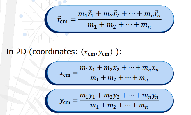 <p>For a system of bodies with masses m<sub>1</sub>, m<sub>2</sub>, …. m<sub>n</sub>, located at r<sub>1</sub>, r<sub>2</sub>, … r<sub>n,</sub> the position of the center of mass r<sub>cm</sub> is: </p>